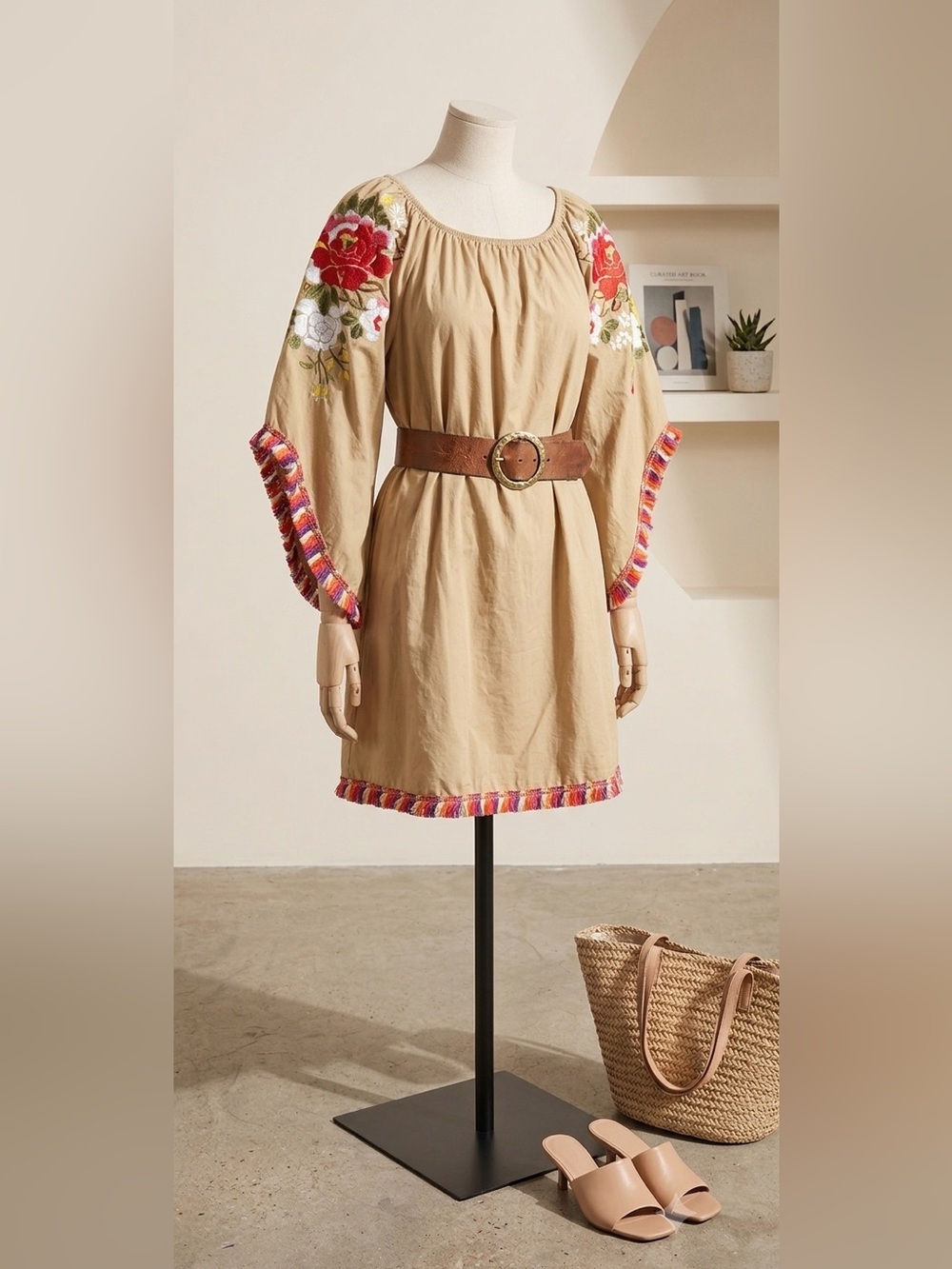 Velzera Boho Tan Dress with Embroidered sleeves and colorful fringe